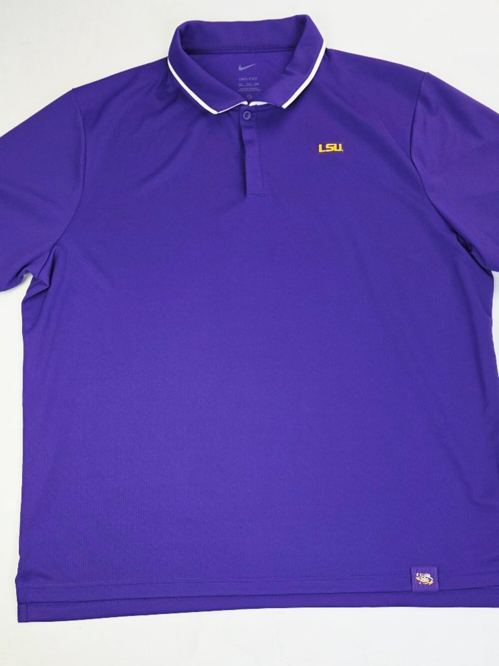 Nike Dri Fit LSU Tigers Chest Hem Logos Purple Mens Size 2XL Short Sleeve Polo